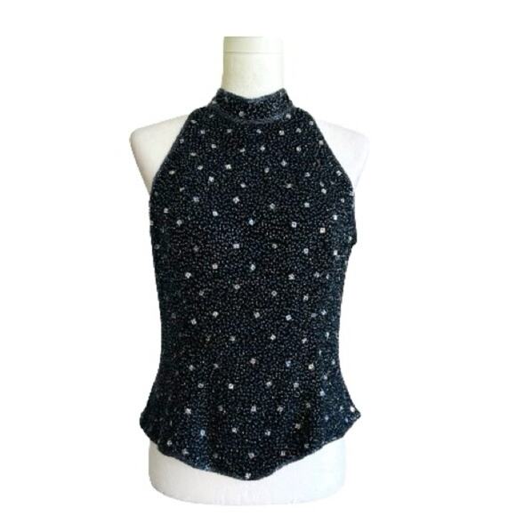 Sean Black Blue Beaded Silk High Neck Sleeveless Evening Formal Top Large NEW - Picture 2 of 15